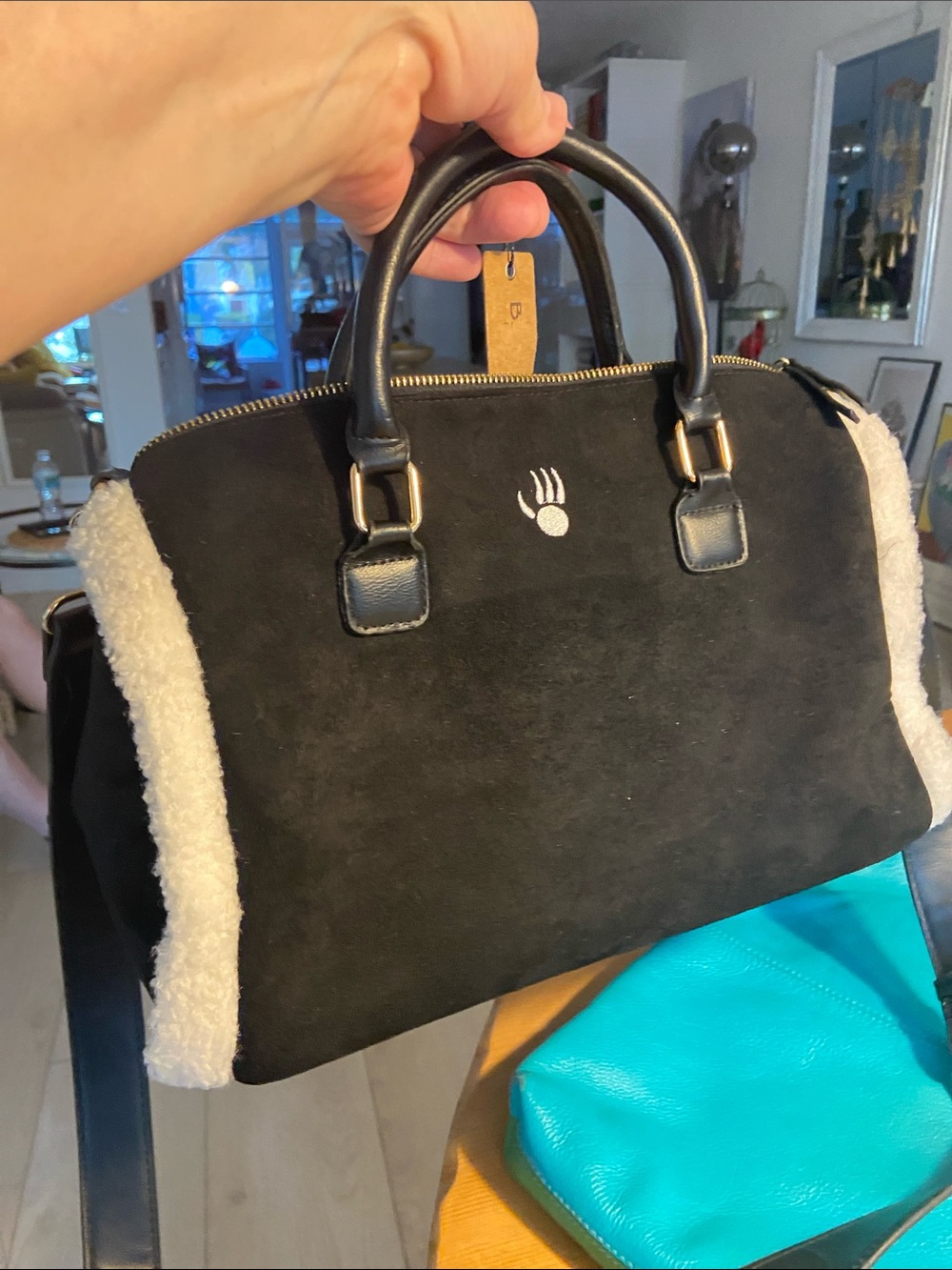 BearPaw Black Shoulder Bag with Cream Shearling Trim